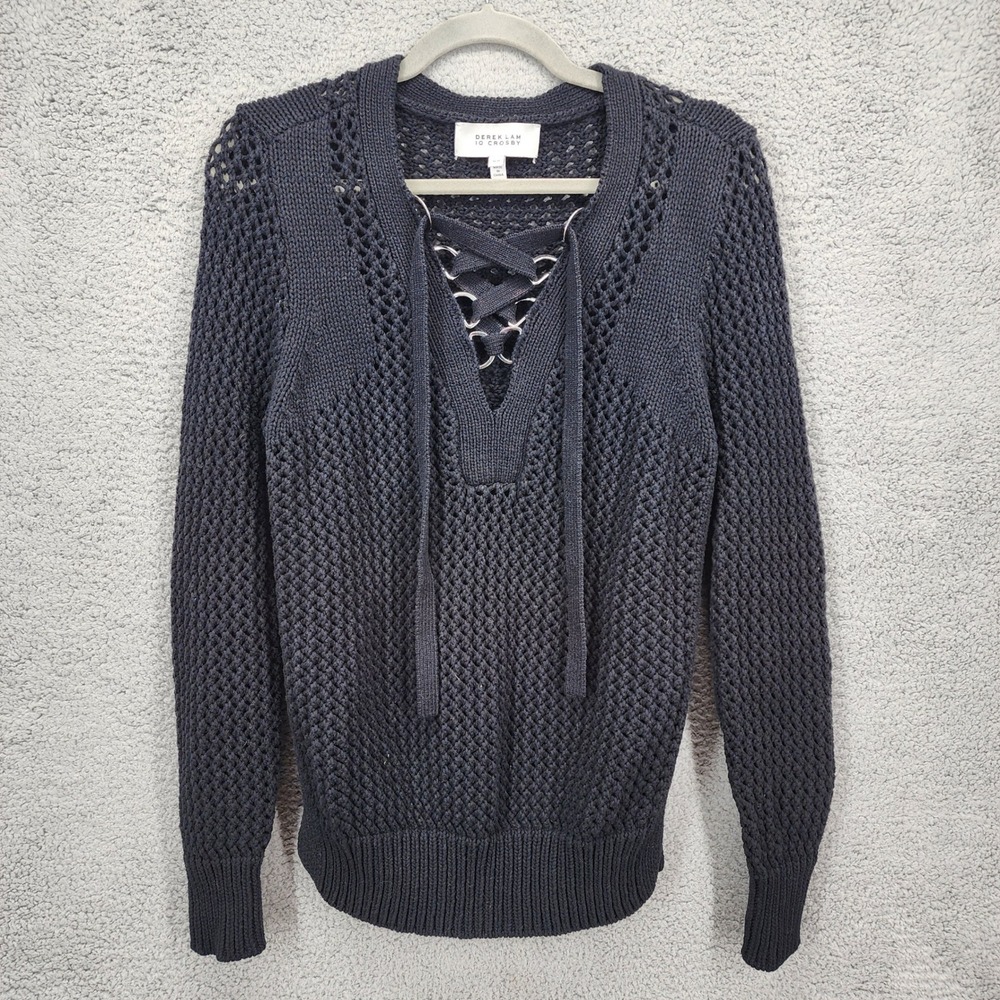 Derek Lam 10 Crosby Medium Knit Sweater Dark Gray Lace Up V Neck Long Sleeve